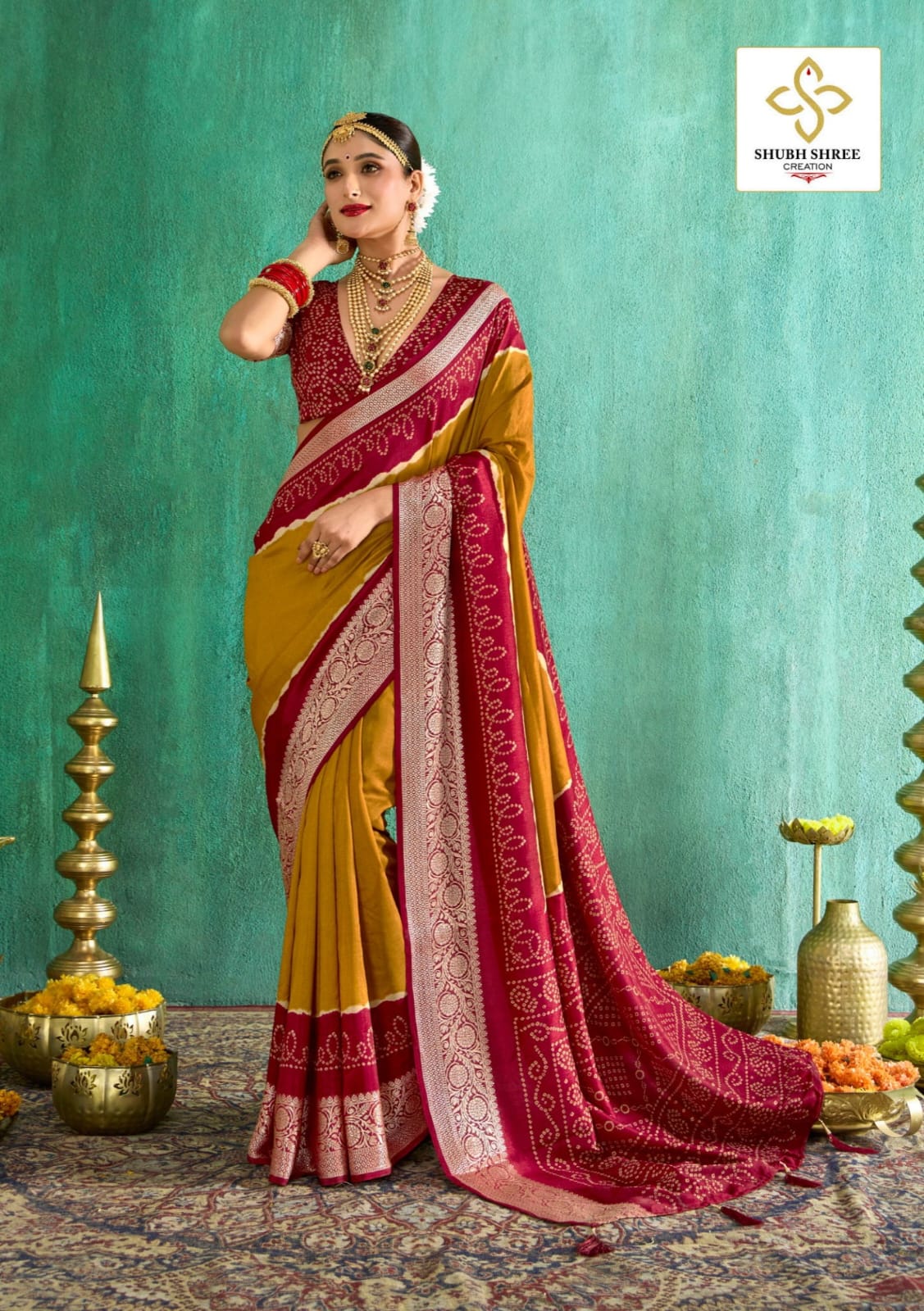 Saumya Mustard-Red Bandhani