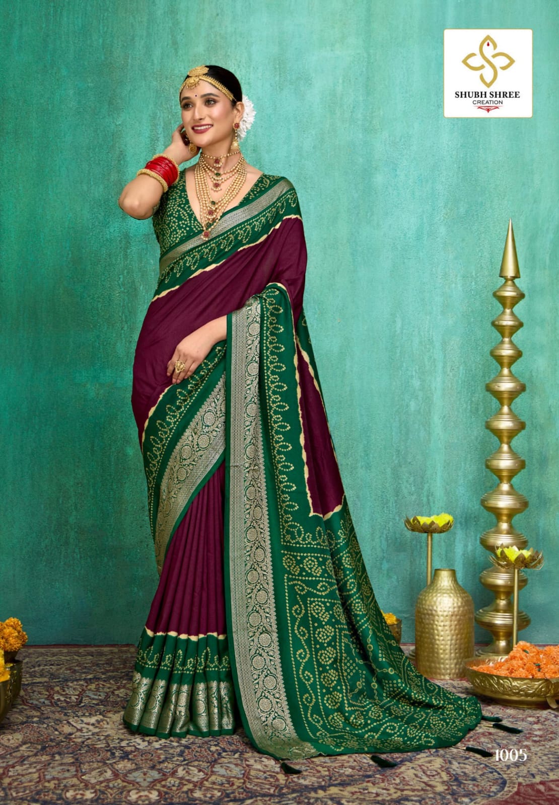 Saumya Wine-Green Bandhani